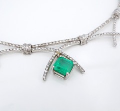 Vintage 2.5ct Columbian Emerald Diamond Bib Necklace 14k White Gold 16″ NG1976