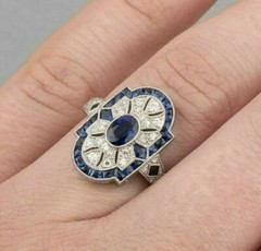 2.85Ct Art Deco Style Lab Created Sapphire Engagement 14K White Gold Finish Ring