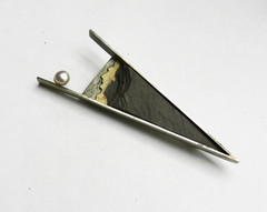 Vintage Modernist 18K Gold Sterling Silver Pearl Large Brooch 3 1/8″ Signed CCQ