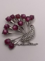 Vintage Fabulous Large Figural Peacock Brooch with Pink Moon-Glow Stones