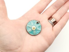Vintage Colorful Enamel on Copper Double Sided Floral Blue Teal 1970s Pendant