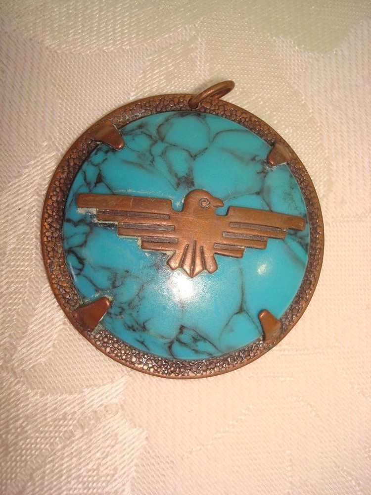 Vintage Copper by Bell Faux Turquoise Pendant With Thunderbird 1 3/4 In. KJ
