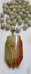 VINTAGE CARVED CALEDON JADE SCARAB PENDANT BEAD NECKLACE SET OOAK HUGE XLONG WOW