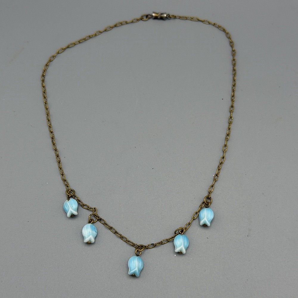 Blue Tulip Beaded Necklace Gold Tone Chain Dainty Charm Vintage 14”