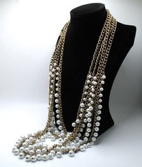 Vintage RJ Graziano 4-strand faux pearl and goldtone chain statement necklace