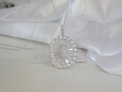 Antique Style Sterling Silver 925 Baguette Cluster CZ Large Pendant Necklace 18″