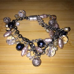 Vintage Charm Bracelet Silver Tone Black Chain Acrylic Beads Magnetic Clasp
