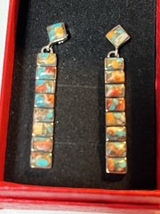 Vintage Sterling Silver Multicolor Drop Earrings 8 Rectanges &1 Rombus Shape 2″L