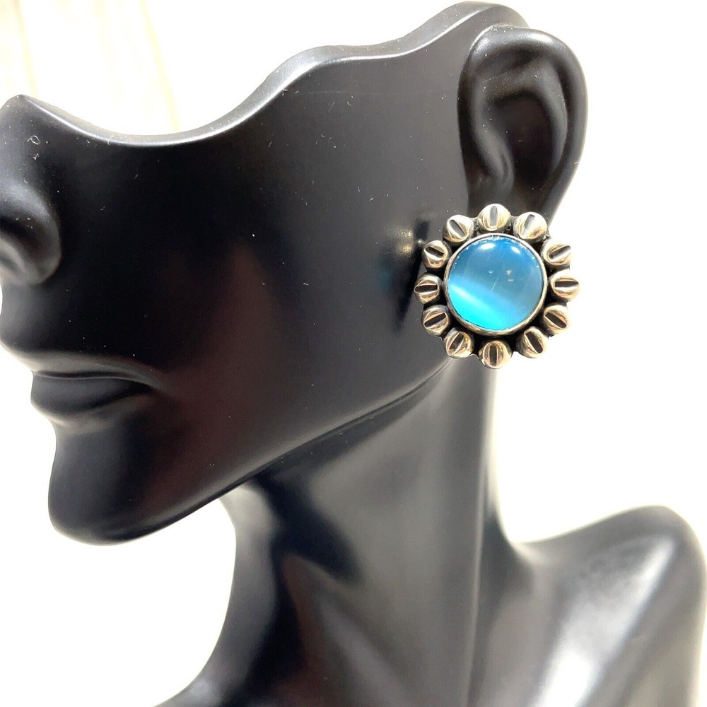 Vintage Sterling Silver Cat’s Eye Blue Glass Cabochon Earrings – 21 mm Diameter