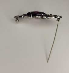 Vintage Marcasite Rhinestones Huge Purple Glass Stone Brooch