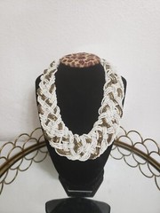 Vtg 1980-90s Statement White Beads/ Gold Metal Bib Braided Neclace Chunky Boho