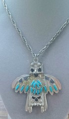 Vintage Thunderbird Faux Turquoise Silvertone Potmetal Pendant Necklace