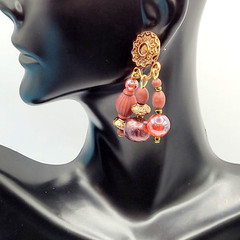 Burgundy Cranberry Copper Colored Multi Shape & Strand Bead Pierced Vtg Earrings