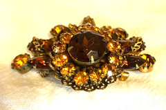 Antique Baltic Amber Topaz Brown Faceted Pin Brooch Dimensional Fan Statement