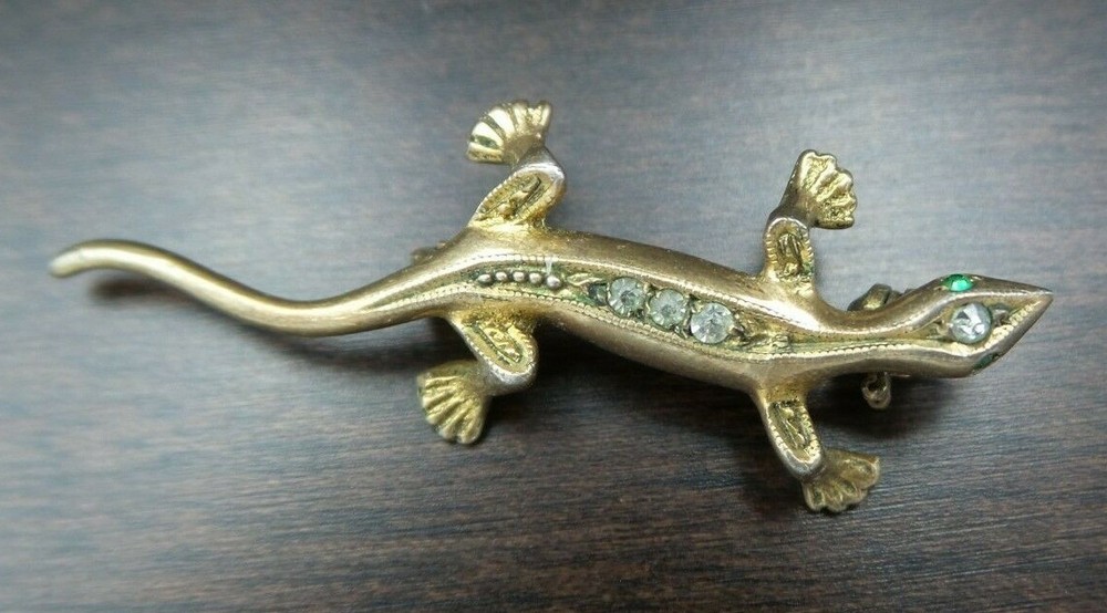 Stylish Vintage German Theodor Klotz 835 Coin Silver & Rhinestone Lizard Brooch