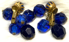 SET of VINTAGE Made AUSTRIA Stamped COBALT BLUE Plastic Beads CLIP ON EARRINGS!