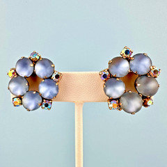 Vintage Clip On Earrings Baby Blue AB Rhinestone Frosted Glass Cabochon Stones
