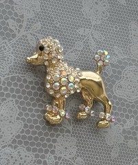 Poodle brooch pin / gold tone metal w/ cystals