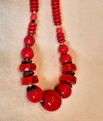 Necklace, Vintage Red glass & plastic beads separated by metal discs