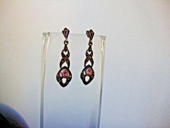 VINTAGE OPENWORK TEARDROP PINK TOPAZ W/MARCASITE SILVER 925 DANGLE STUD EARRINGS