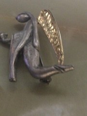 LIZ GATTA Angel Pin Brooch Silver Pewter GOLD TONE Signed Safety Catch Designer