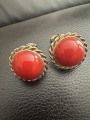 Vintage Bright Red Diamond Cut Plastic Button Clip On Earrings Gold Tone Setting