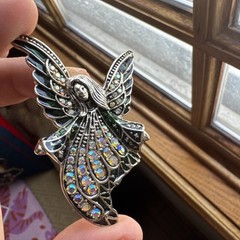 Winged Guardian Angel Fairy Woman Brooch With AB Iridescent Crystals And Enamel