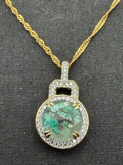 JTV Foil Glass Silver 925 Pendant Necklace Green Aventurine Flake Gold Tone 19″