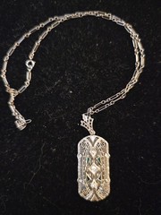 Antique Art Deco 14K White Gold Diamond Emerald Filigree Necklace 4.51g