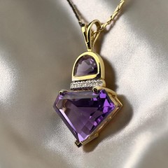 VINTAGE 14K Gold Natural Amethyst & Diamond Necklace -17″ Contemporary -4.4g