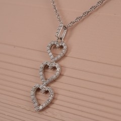 Pave Sterling Silver 925 CZ Triple Heart Drop Pendant Necklace 18 in Delicate