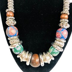 Wooden Polymer Clay Floral Silver Beaded Statement Necklace Disc Chunky Boho