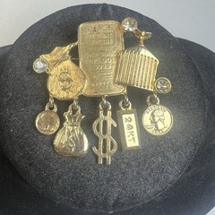Vintage AJC Gold Tone Lucky Bags of Money Rhinestone Dangle Charms Brooch Pin