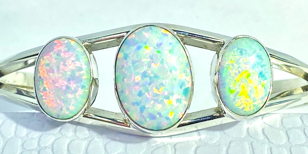 Vintage Sterling Native American Signed Carlos Faux Opal Cuff Bracelet 2 3/8″