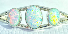 Vintage Sterling Native American Signed Carlos Faux Opal Cuff Bracelet 2 3/8″