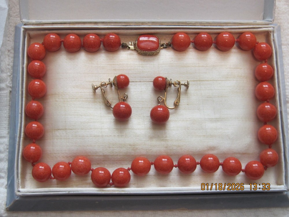Marvella Coral color necklace & screw back earrings with blue Marvella box