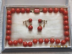 Marvella Coral color necklace & screw back earrings with blue Marvella box