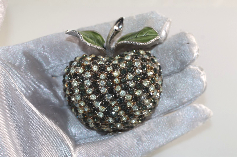 Oversized Vintage Francois Blue Rhinestone Encrusted Apple Brooch