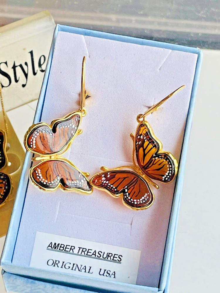 14K Gold Filled Butterfly Genuine Baltic Amber Earrings Vintage Butterscotch 925