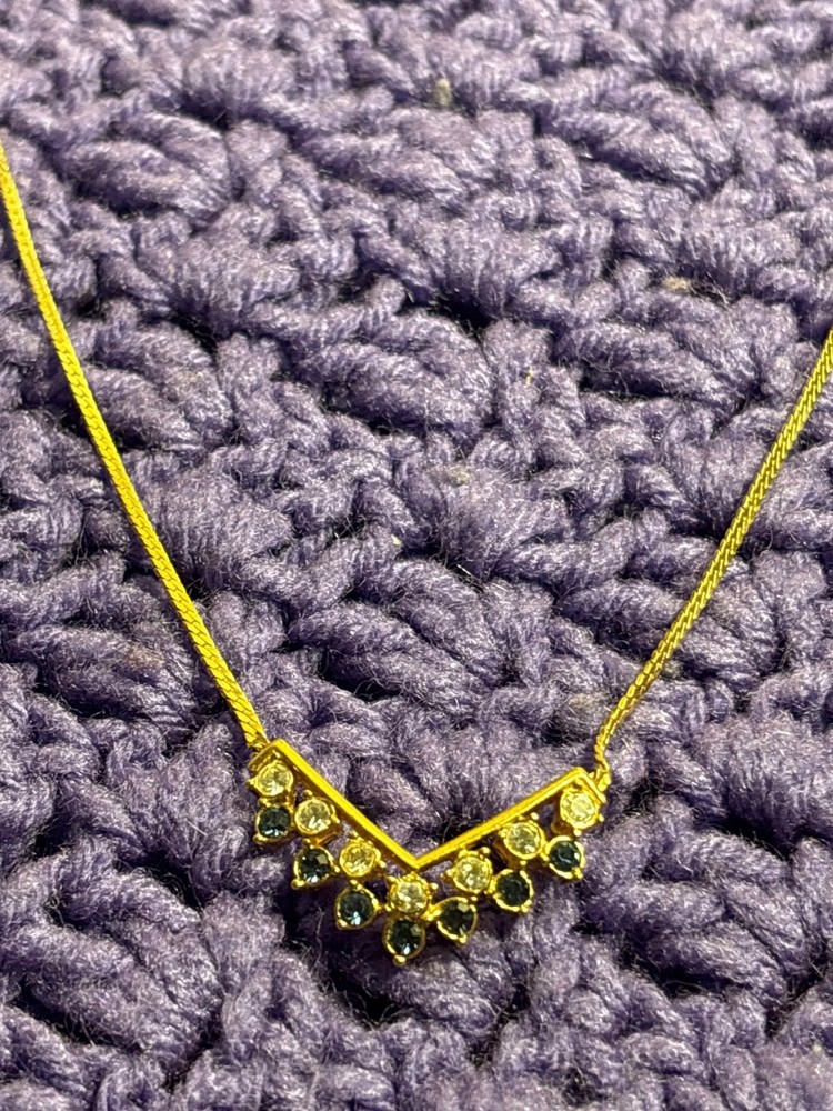 Vintage Goldtone Herringbone Chain Necklace Clear Blue Rhinestone V Spring Ring