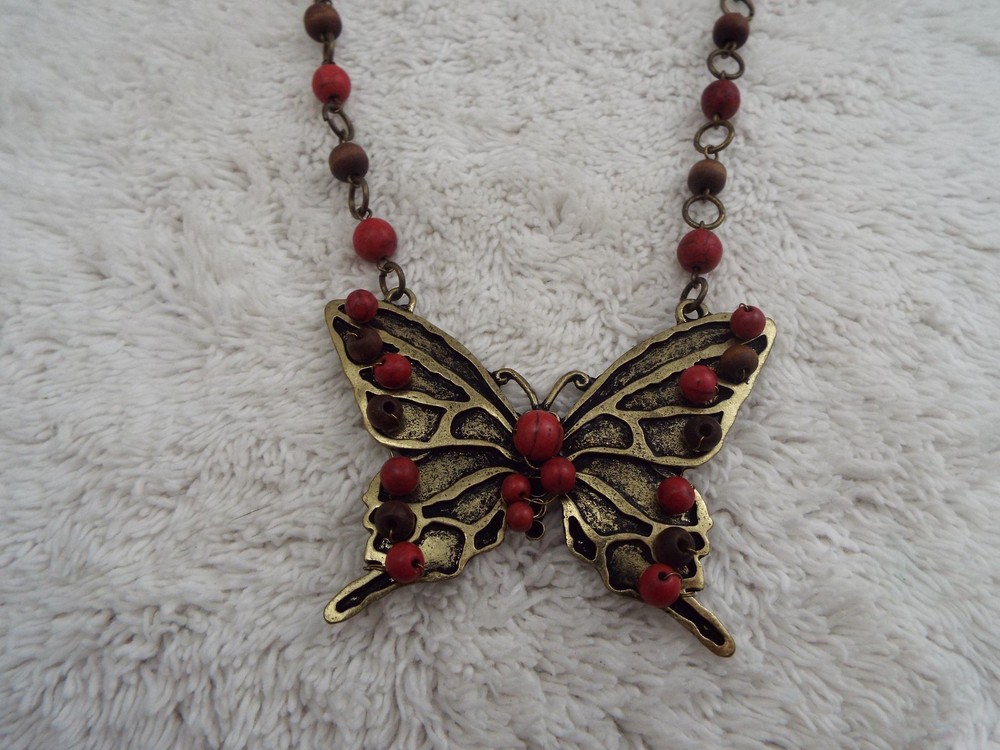 YOU & I Brasstone Red Bead Butterfly Pendant Necklace (J51)