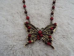 YOU & I Brasstone Red Bead Butterfly Pendant Necklace (J51)