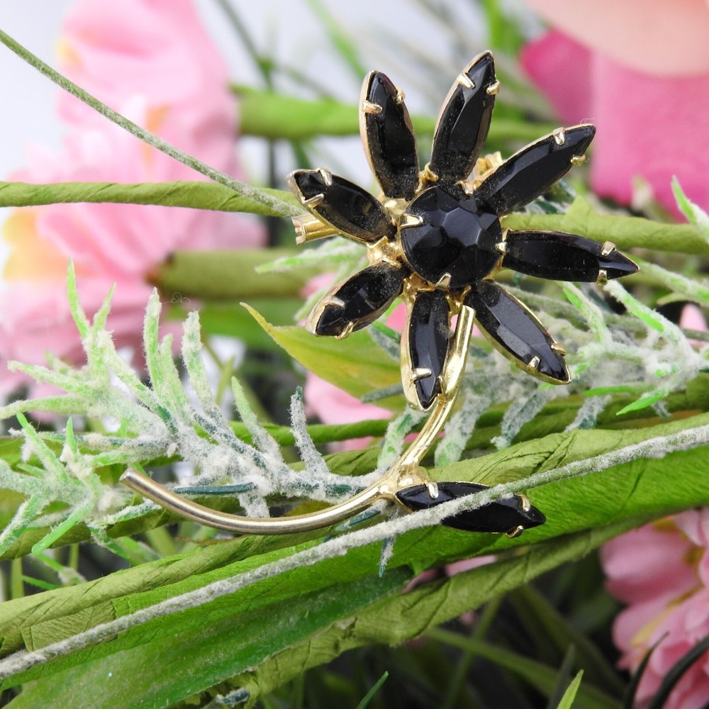 Vintage Black Rhinestone Flower Floral Brooch