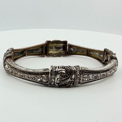 VTG Antique Silver Tone Clear Rhinestone Swirl Art Deco Stretch Bangle Bracelet
