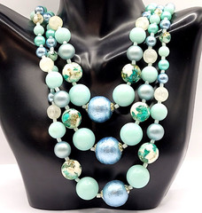 Aqua Teal Blues Multi Color Graduated Triple Strand Bead Vtg MCM Necklace Japan