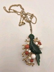 Vintage Signed Hobe Green Celluloid Bird W/Coral & Faux Pearl Brooch/Necklace