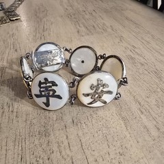 Vintage Wai Kee Sterling Silver Mother Of Pearl Chinese Good Luck Panel Bracelet