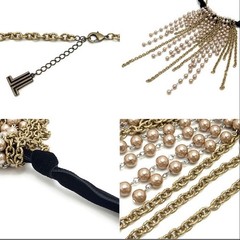 Lanvin Necklace Faux Pearl Black Velvet Ribbon Gold Tone Chain Tassel Statement