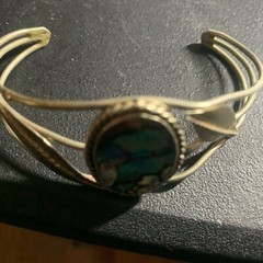 Vintage Cuff Bracelet Shell Gem Modernist Mexico Solid Silver Art Deco Handmade