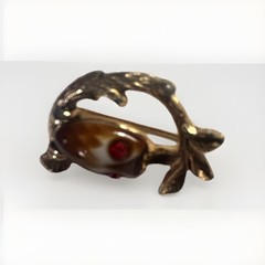 Gold Tone Owl on Branch Brooch Brown Cabochon Glass Body Red Eyes EMMONS